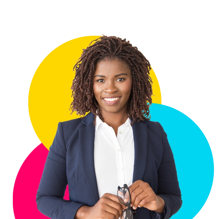 A young Black woman in a white button up shirt and blue suit jacket that works with a government staffing agency.